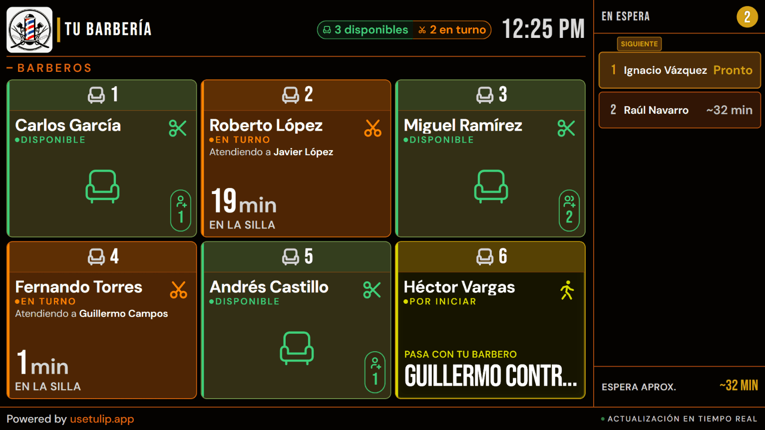 Pantalla de sala de espera con los turnos en vivo, del módulo de barbería de Tulip