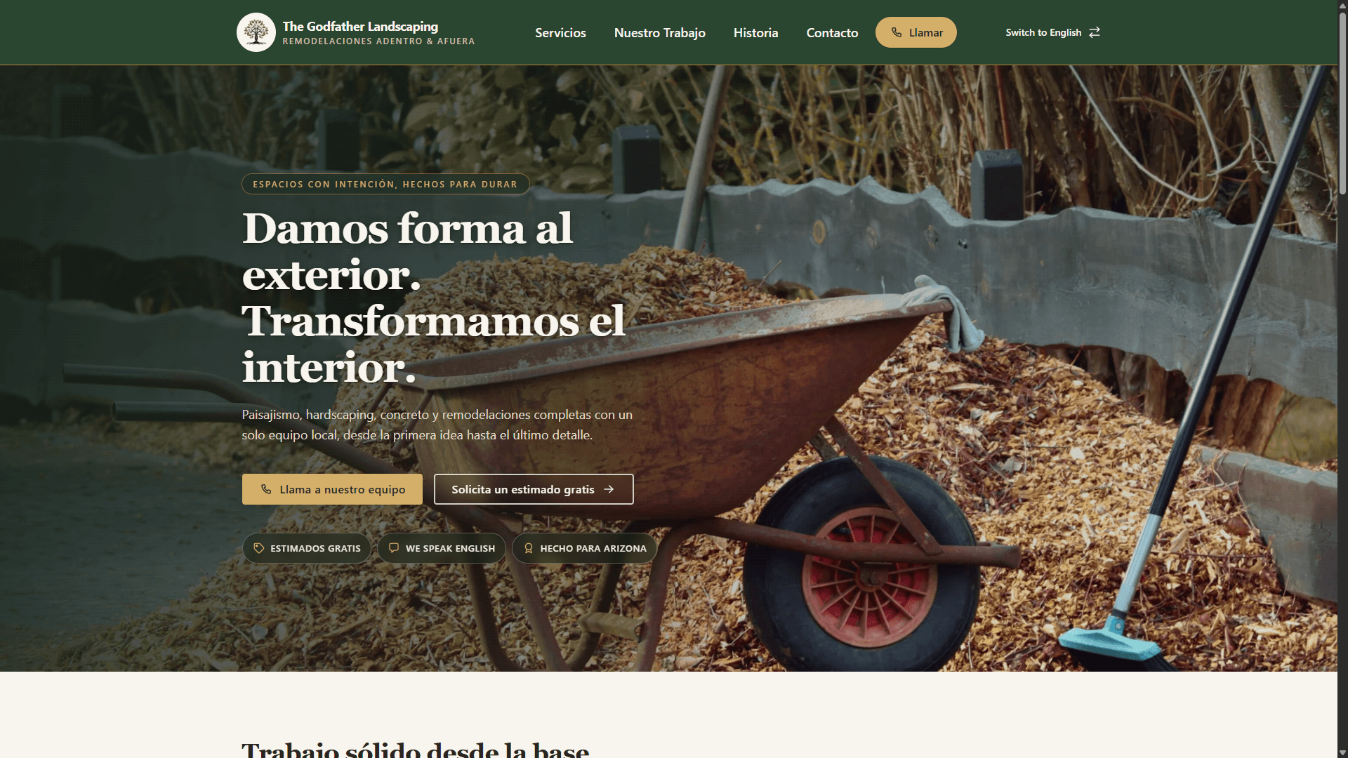 Página de inicio de una empresa de paisajismo y remodelación en Arizona, en español con opción de inglés